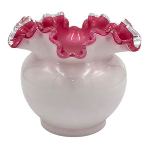 Vintage Fenton White Pink Cased Silver Crest Ruffled Rose Bowl Glass Vase